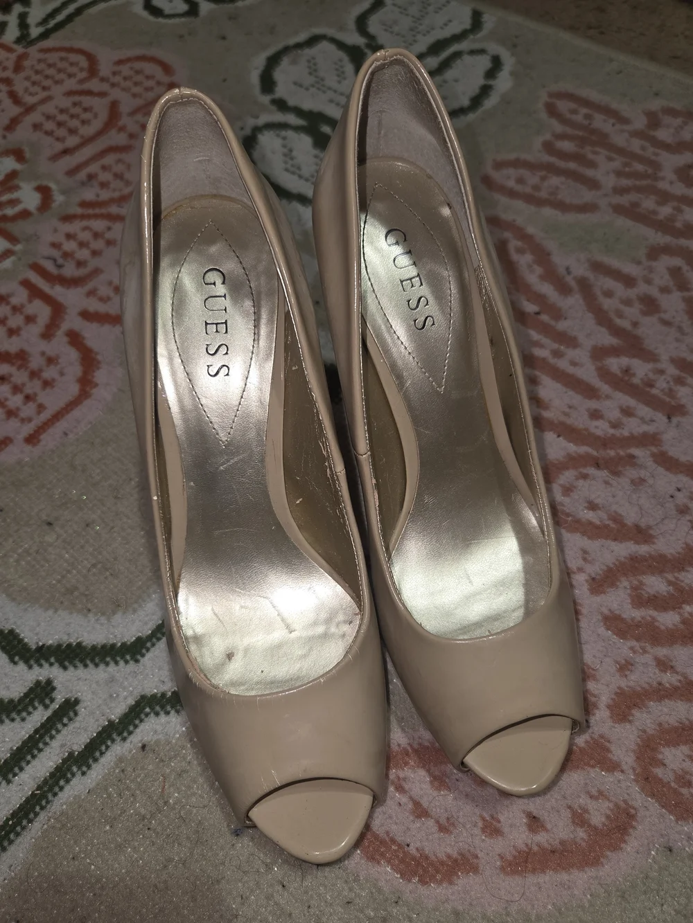 Guess Nude Patent Peep-Toe Stiletto Heels